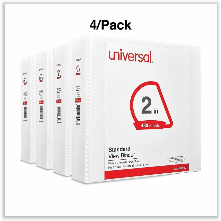 Universal Slant D-Ring View Binder, 3 Rings, 2" Capacity, 11 x 8.5, White, 4/Pack - 2" Binder Capacity - Letter - 8 1/2" x 11" Sheet Size - 500 Sheet Capacity - 3 Ring(s) - Fastener(s): Ring - Pocket(s): 2, Inside Front & Back - Polypropylene - White - No