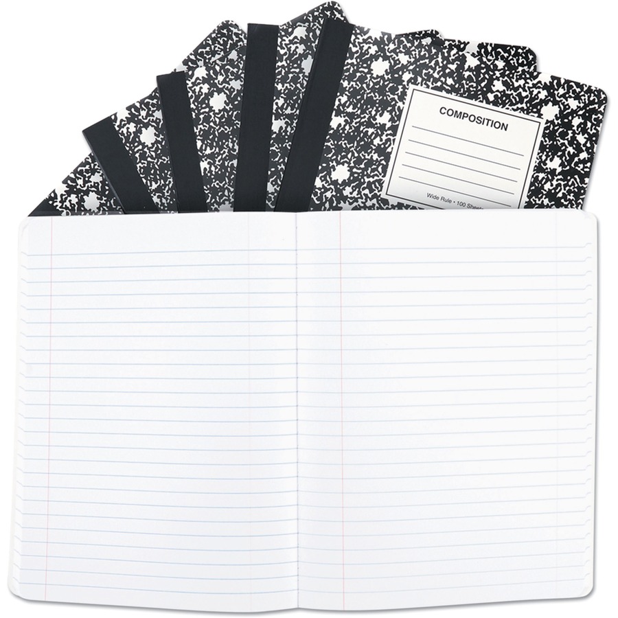 Universal Notebook - 1 Subject(s) - 100 Sheets - Sewn - Wide Ruled, Legal Ruled Front Ruling - 15 lb Basis Weight - 9.75" Height x 7.5" Width - White Paper - Black Marble Chipboard Cover - 6 / Pack