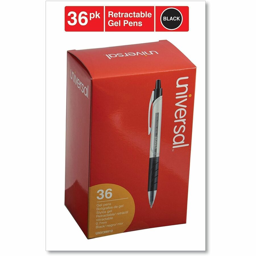 Universal Comfort Grip Gel Pen - 0.7 mm Medium Conical Pen Point - Retractable - Black Ink - Water Based - Clear, Black Barrel - 36 / Pack