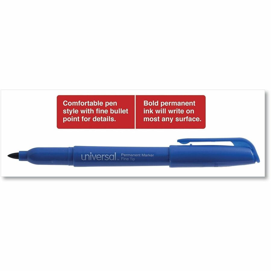 Universal Pen-Style Permanent Marker, Fine Bullet Tip, Blue, Dozen - Fine Bullet Marker Point - Blue Ink - General Purpose - 1 Dozen