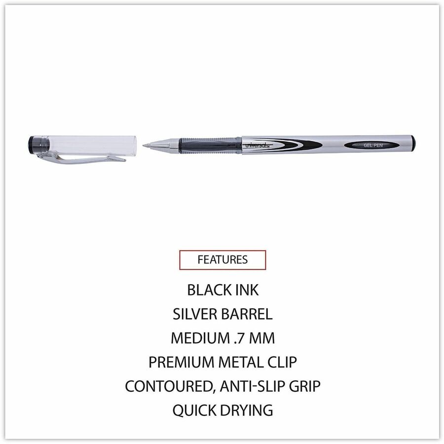 Universal Gel Pen, Stick, Medium 0.7 mm, Black Ink, Silver/Black Barrel, Dozen - 0.7 mm Medium Conical Pen Point - Black Ink - Water Based - Silver, Black Barrel - 1 Dozen