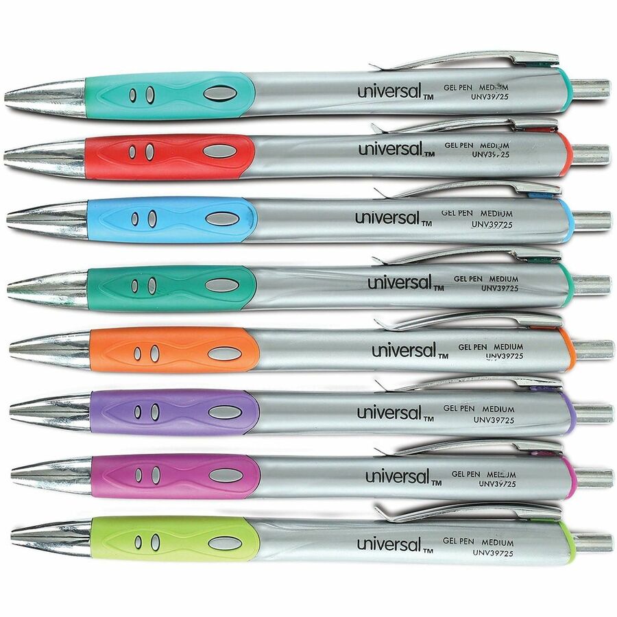 Universal Comfort Grip Gel Pen - 0.7 mm Medium Conical Pen Point - Retractable - Assorted Ink - Water Based - Assorted Barrel - 8 / Pack