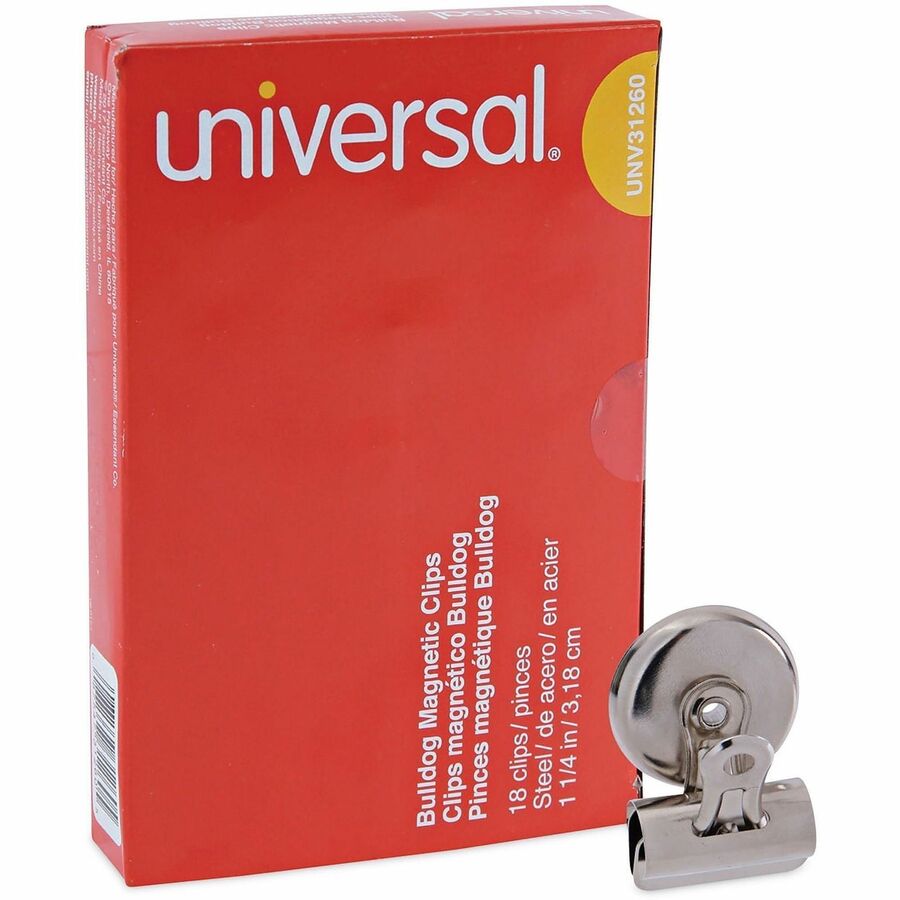 Universal Bulldog Magnetic Clips, Small, Nickel, 18/Pack - Small - 1.2" Width - 0.25" Size Capacity - Nickel - Nickel Plated Steel - 18 / Pack