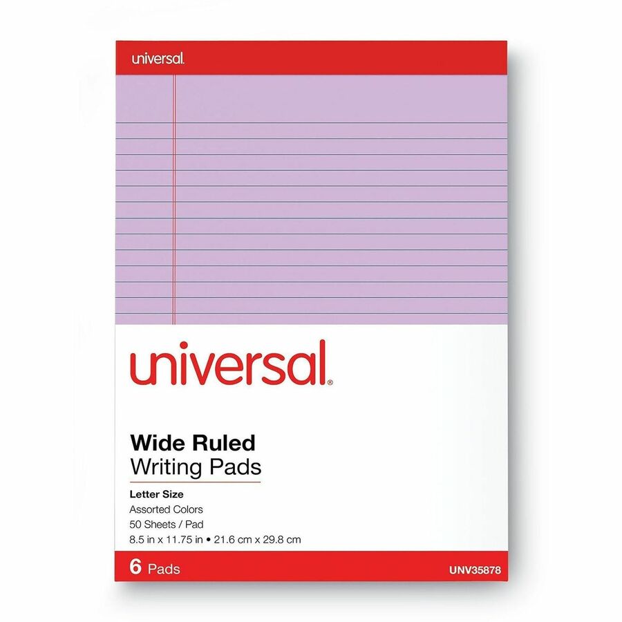 Universal Notepad - 1 Subject(s) - 50 Sheets - Tape Bound - Wide Ruled, Legal Ruled Front Ruling - 11.75" Height x 8.5" Width - Blue, Ivory, Orchid Paper - Chipboard Cover - 6 / Pack