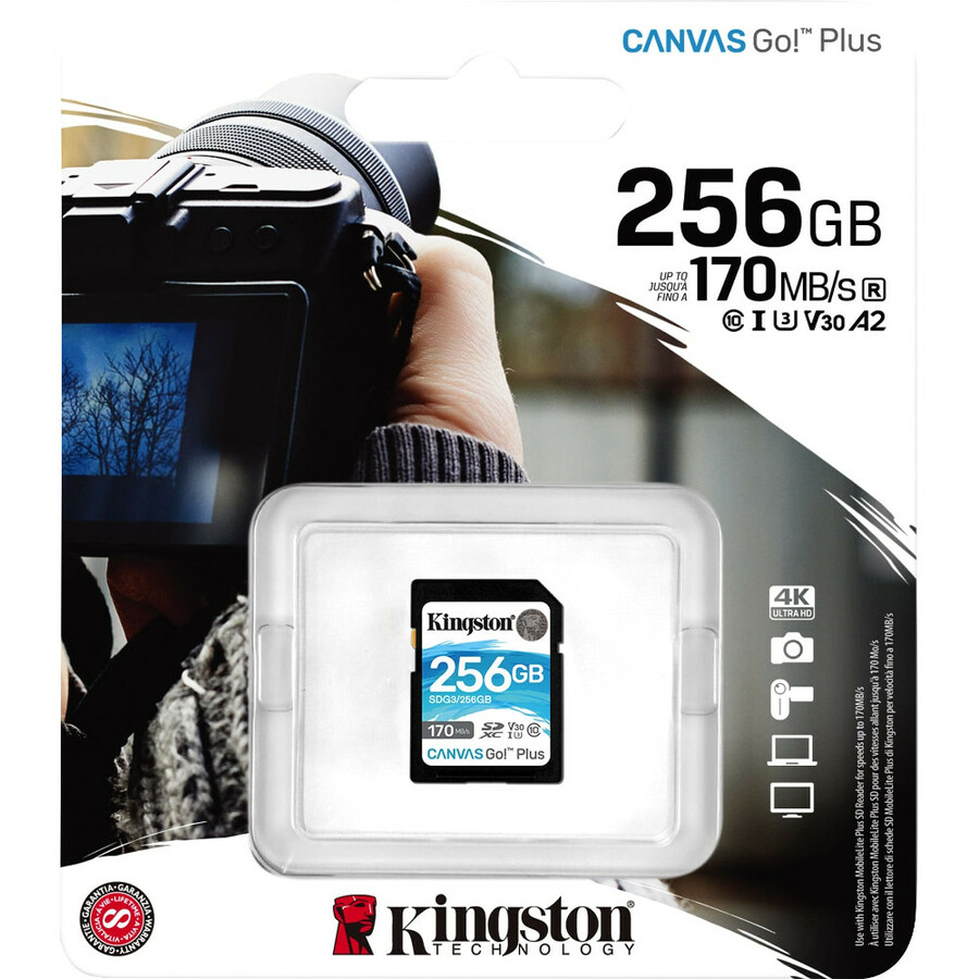 Kingston Canvas Go! Plus SDG3 256 GB Class 10/UHS-I (U3) SDXC - 1 Pack - 170 MB/s Read - 90 MB/s Write