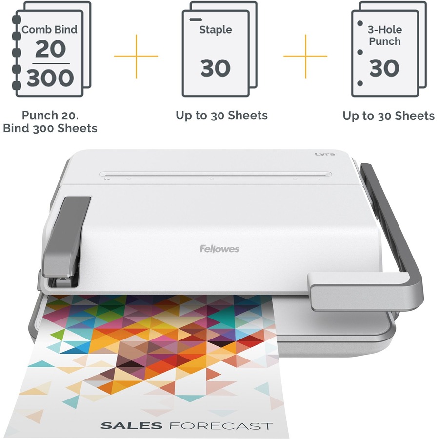 Fellowes Lyra 3-in-1 Binding Center - CombBind - 300 Sheet(s) Bind - 30 Punch - 6.03" (153.16 mm) x 16.63" (422.40 mm) x 15.56" (395.22 mm) - White, Gray = FEL5603001