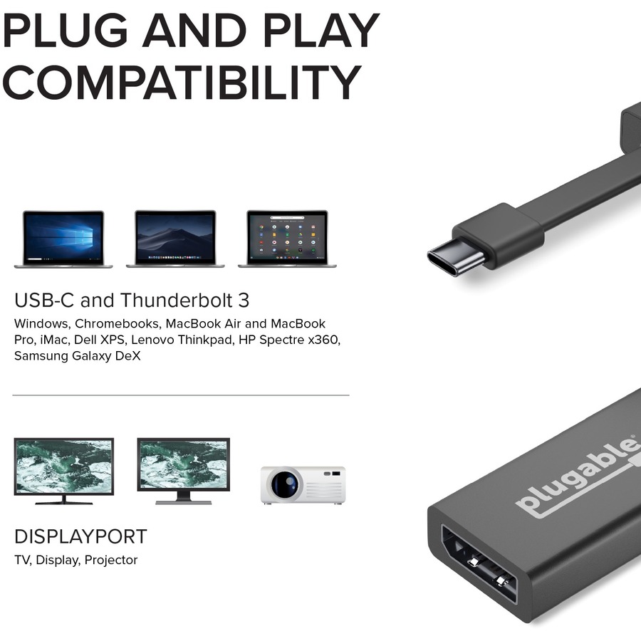 Plugable USB C to DisplayPort Adapter 4K 60Hz, Thunderbolt 3 to DisplayPort Adapter
