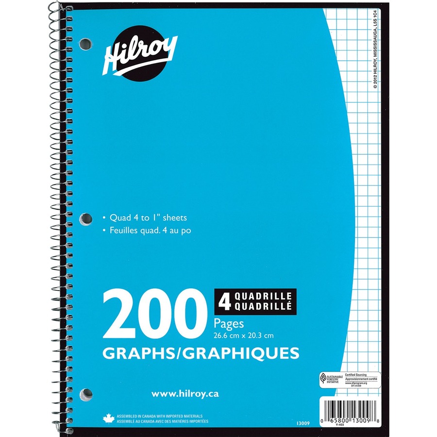 Hilroy Spiral Notebook - Spiral - Quad Ruled - 3 Hole(s) - 10.50" (266.70 mm) x 8" (203.20 mm) - Hole-punched - 1 Each = HLR13009