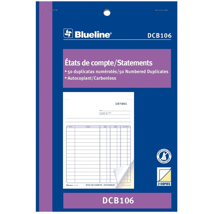 Blueline Statements Book - 50 Sheet(s) - 2 PartCarbonless Copy - 7.99" x 5.39" Form Size - 1 Each = BLIDCB106
