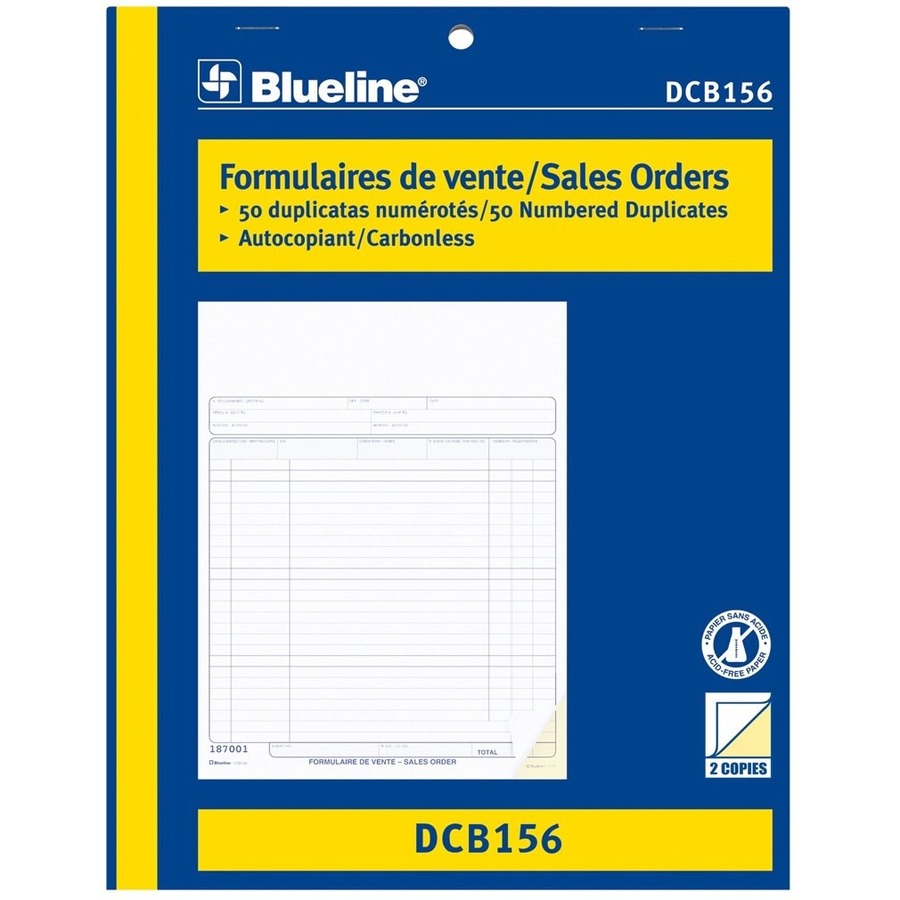 Blueline Sales Orders Book - 50 Sheet(s) - 2 PartCarbonless Copy - 11" x 8.50" Form Size - Letter - Blue Cover - Paper - 1 Each = BLIDCB156