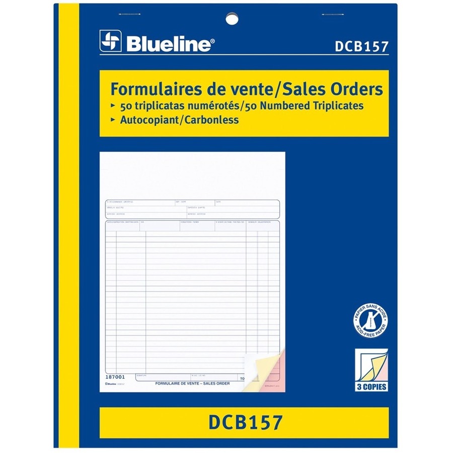 Blueline Sales Orders Book - 50 Sheet(s) - 3 PartCarbonless Copy - 11" x 8.50" Form Size - Letter - Blue Cover - Paper - 1 Each = BLIDCB157