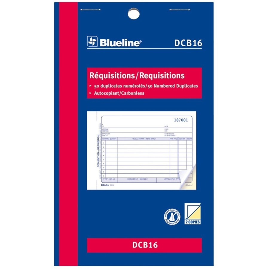 Blueline Requisitions - 50 Sheet(s) - 2 PartCarbonless Copy - 7.01" x 4.25" Form Size - Blue Cover - 1 Each -  - BLIDCB16