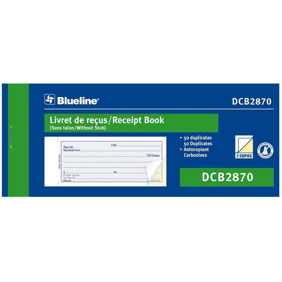 Blueline Receipt Book - 50 Sheet(s) - 2 PartCarbonless Copy - 2.76" x 6.73" Form Size - Blue Cover - Paper - 1 Each -  - BLIDCB2870