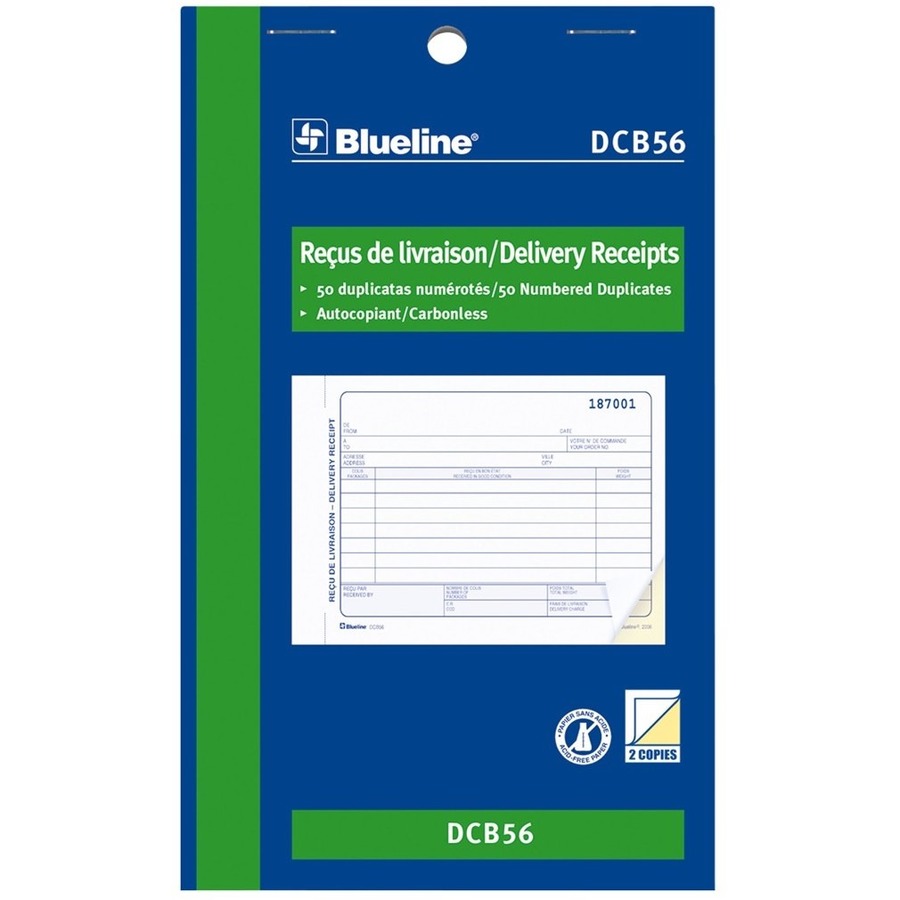 Blueline Delivery Receipts Book - 50 Sheet(s) - 2 PartCarbonless Copy - 7.01" x 4.25" Form Size - Letter - Blue Cover - Paper - 1 Each = BLIDCB56