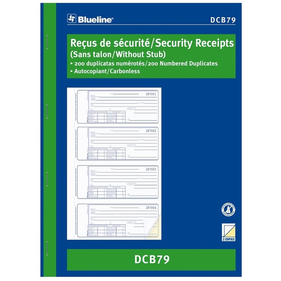 Blueline Security Receipts Book - 200 Sheet(s) - 2 PartCarbonless Copy - 7.99" x 10.87" Form Size - Blue Cover - Paper - 1 Each -  - BLIDCB79