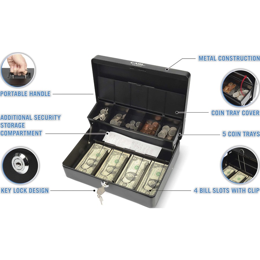 CARL Bill Slots Steel Security Cash Box - 4 Bill - 5 Coin - Steel - Black - 3.5" Height x 10" Width x 7" Depth