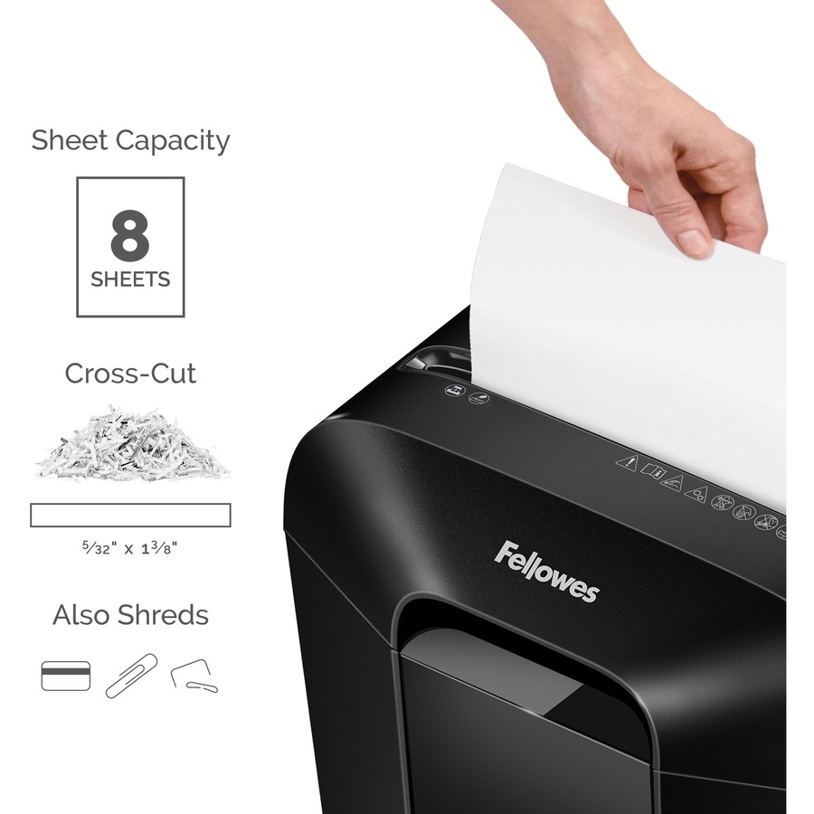 Fellowes LX45 Cross-cut Shredder - Non-continuous Shredder - Cross Cut - 8 Per Pass - for shredding Staples, Paper, Paper Clip, Credit Card - 0.156" x 1.563" Shred Size - P-4 - 6 Minute Run Time - 20 Minute Cool Down Time - 4 gal Wastebin Capacity - Black