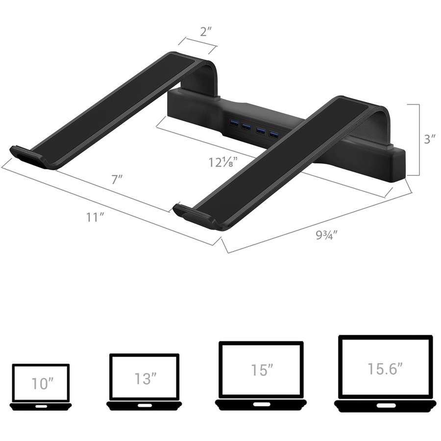 DAC Non-Skid Laptop Stand With 4-Port USB 3.0 Hub - 3" Height x 9.8" Width - Aluminum Alloy - Black