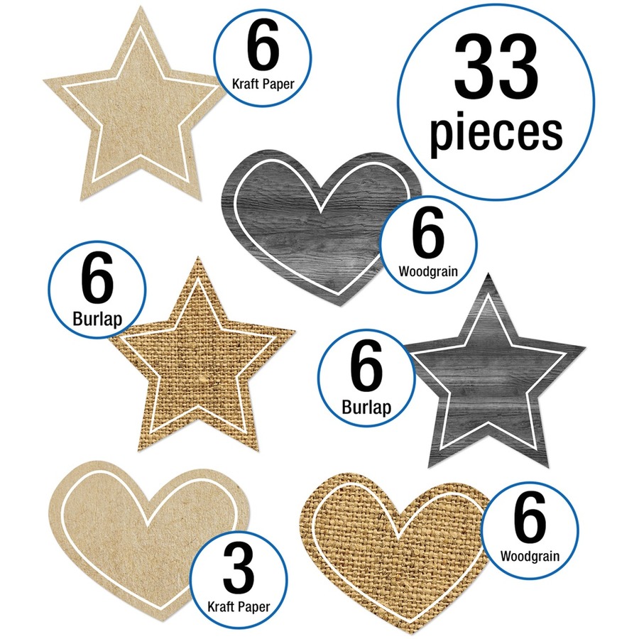 Schoolgirl Style Simply Stylish Burlap Stars & Hearts Cut-Outs - Stars, Hearts, Classic Patterns, Wood Elements, and Succulent Designs - Burlap, Kraft Paper, Card Stock, Woodgrain - 33 / Pack - Accents - CDP120578