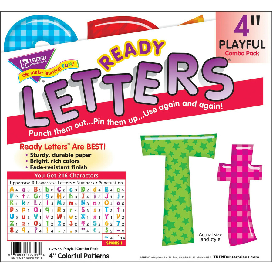 Trend Ready Letters Letter & Number - Learning Theme/Subject - Fade Resistant, Durable, Reusable, Sturdy - 4" (101.6 mm) Height - Assorted - 216 / Pack - Vinyl Numbers & Letters - TEPT79756