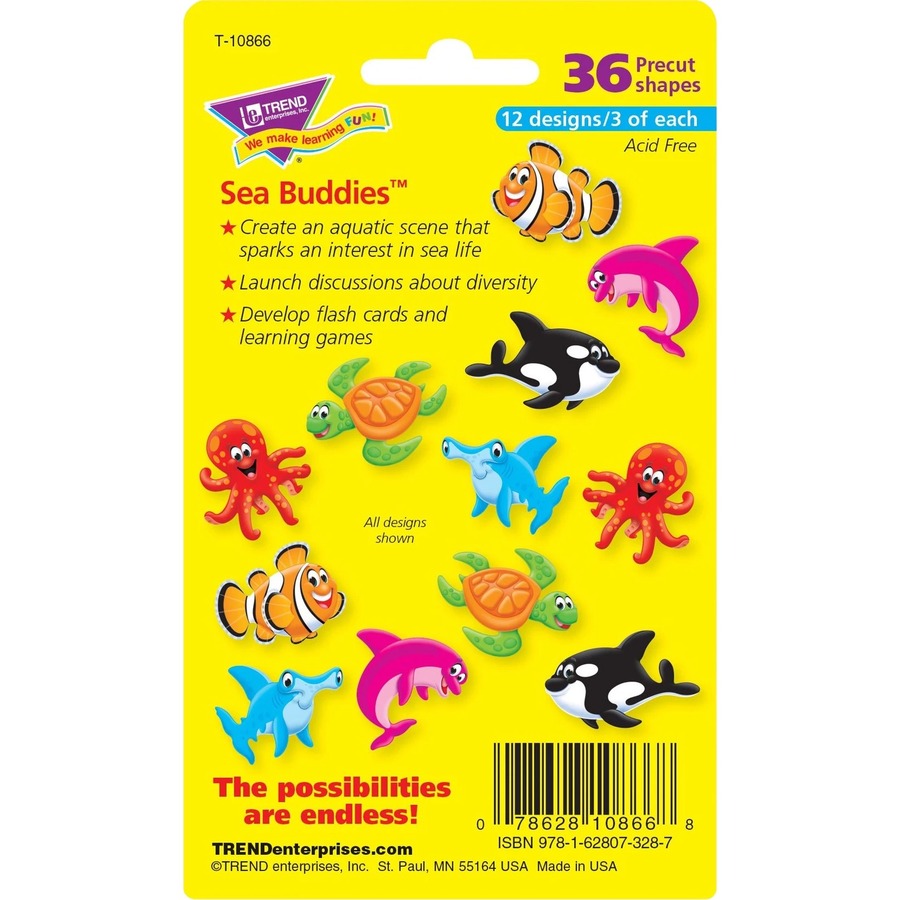 Trend Sea Buddies Mini Accents Variety Pack - Learning, Fun Theme/Subject - Precut, Durable, Reusable, Acid-free - 3" (76.2 mm) Height - 36 / Pack - Accents - TEPT10866