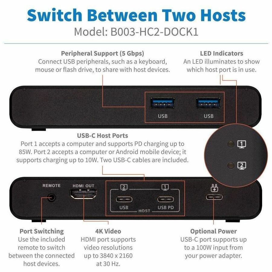 Tripp Lite by Eaton 2-Port USB-C KVM Dock - 4K HDMI USB 3.2 Gen 1 USB-A Hub Remote Selector 85W PD Charging Black