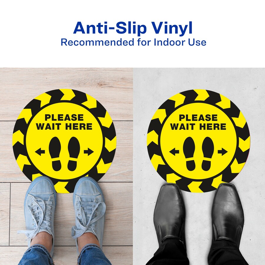 Avery® PLEASE WAIT HERE Distancing Floor Decals - 5 - PLEASE WAIT HERE Print/Message - Round Shape - Pre-printed, Tear Resistant, Wear Resistant, Non-slip, Water Resistant, UV Coated, Durable, Removable, Scuff Resistant - Vinyl - Black, Yellow