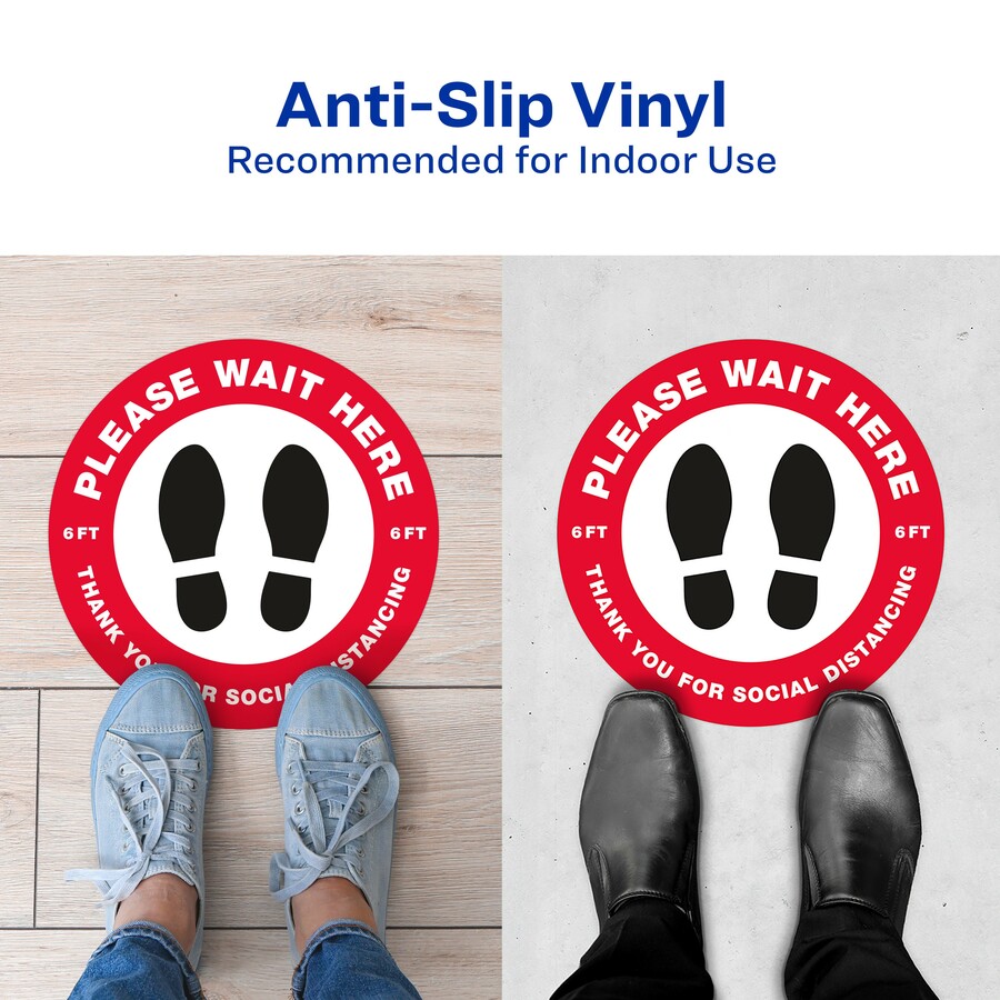 Avery® Social Distance PLEASE WAIT HERE Floor Decal - 5 - PLEASE WAIT HERE Print/Message - Round Shape - Pre-printed, Tear Resistant, Wear Resistant, Non-slip, Water Resistant, UV Coated, Durable, Removable, Scuff Resistant - Vinyl - Red