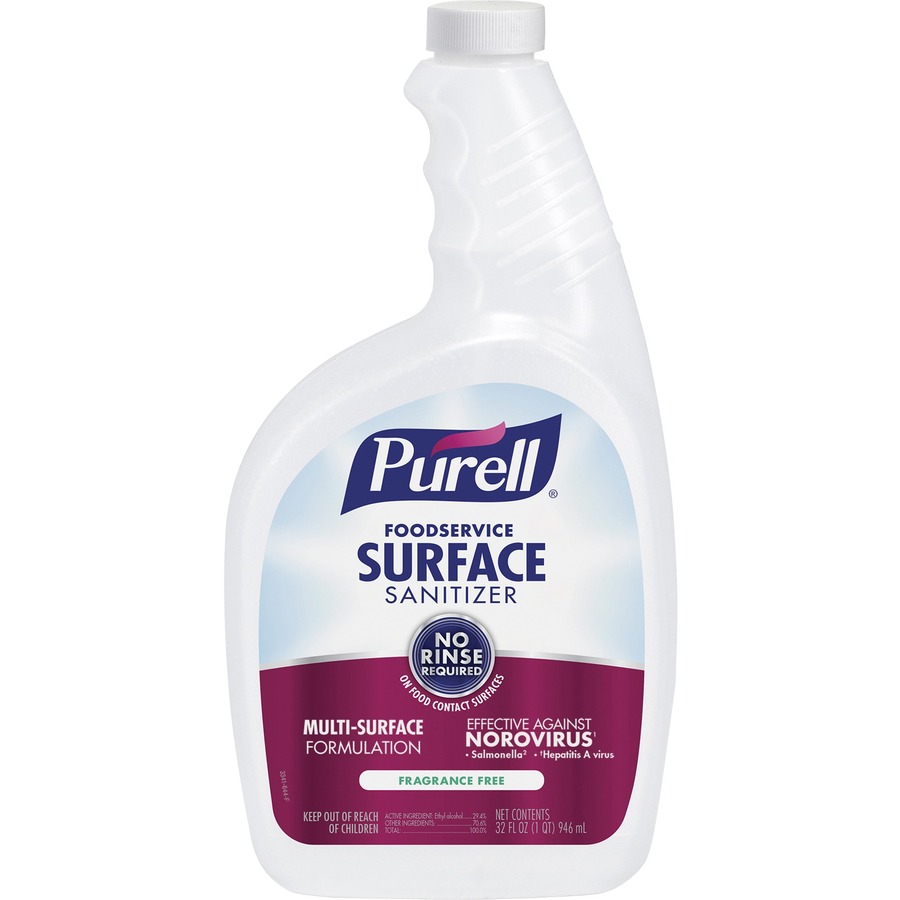 PURELL® Foodservice Surface Sanitizer - 32 fl oz (1 quart)Spray Bottle - 6 / Carton - Rinse-free, Fragrance-free - Clear