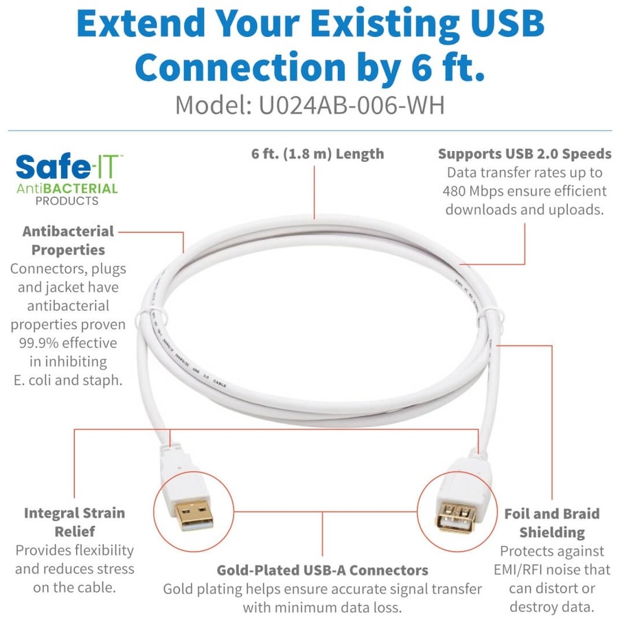 Tripp Lite by Eaton Safe-IT USB 2.0 Antibacterial Extension Cable (A M/F) USB 2.0 White 6 ft. (1.83 m)