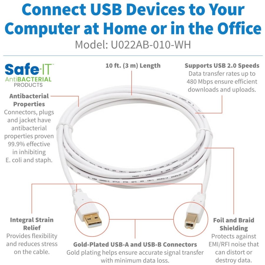 Tripp Lite by Eaton Safe-IT USB-A to USB-B Antibacterial Cable (M/M), USB 2.0, White, 10 ft.