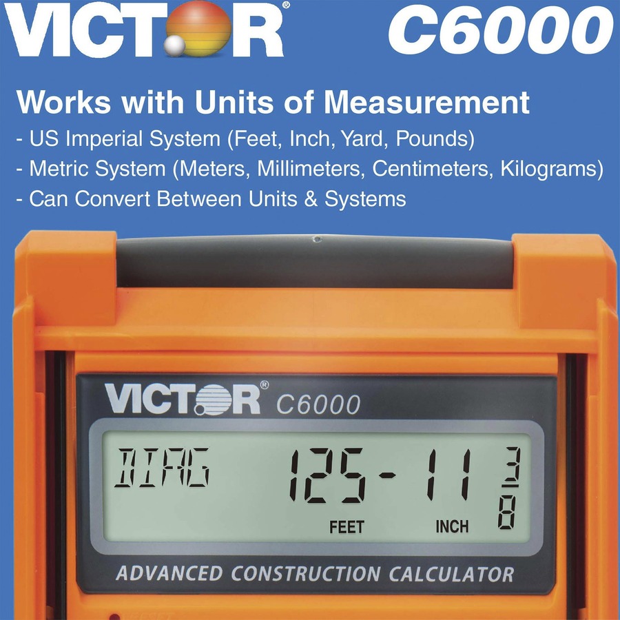 Victor C6000 Advanced Construction Calculator - LCD Display, Battery Powered - 0.31" - LCD - Battery Powered - 2 - LR44 - 6.5" x 3.5" x 0.8" - Orange