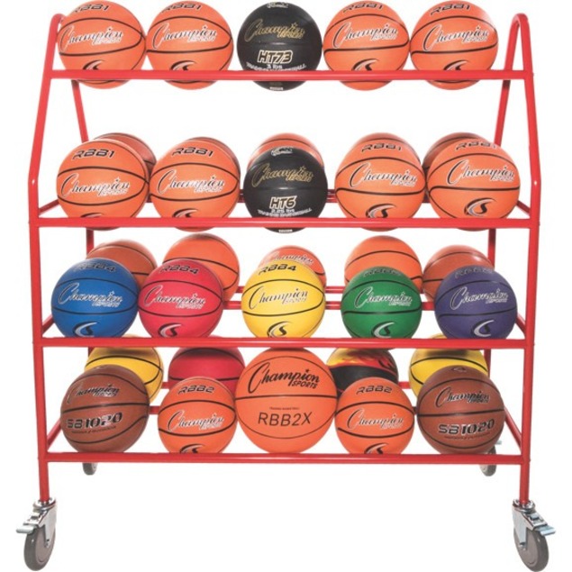 Champion Sports Deluxe Pro Ball Cart - 4 Casters - Steel - 51" Length x 18.5" Width x 54" Height - Red - 1 Each