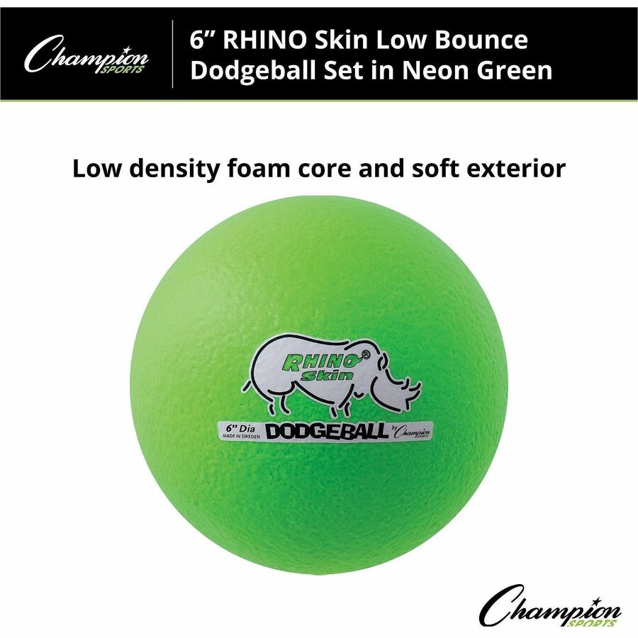 Champion Sports Rhino Skin Low Bounce Dodgeball Set - 6.30" - Low Density Foam - Neon Green - 6 / Set