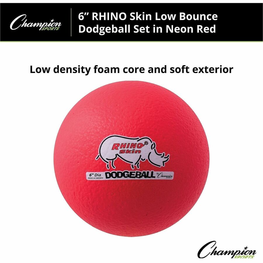 Champion Sports Rhino Skin Low Bounce Dodgeball Set - 6.30" - Low Density Foam - Neon Red - 6 / Set
