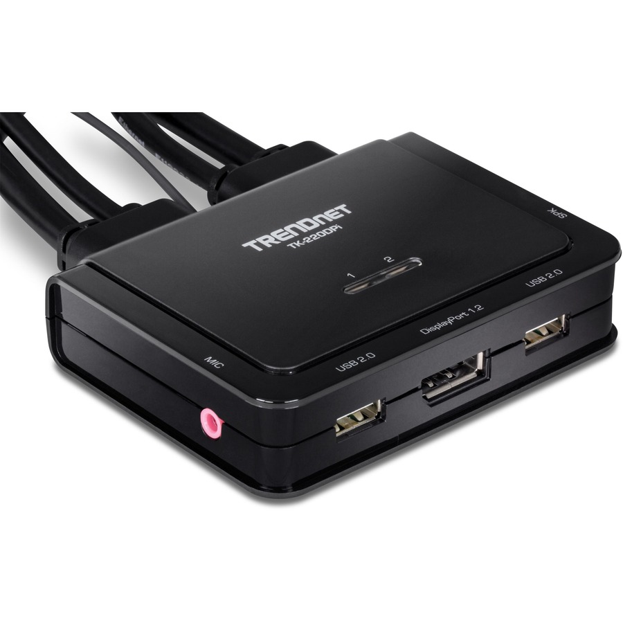 TRENDnet 2-Port 4K DisplayPort 1.2 KVM Switch with Audio, 4K UHD (3840 x 2160@60Hz), 3.5mm Speaker/Microphone, USB 2.0, Integrated Cables, Black, TK-220DPI