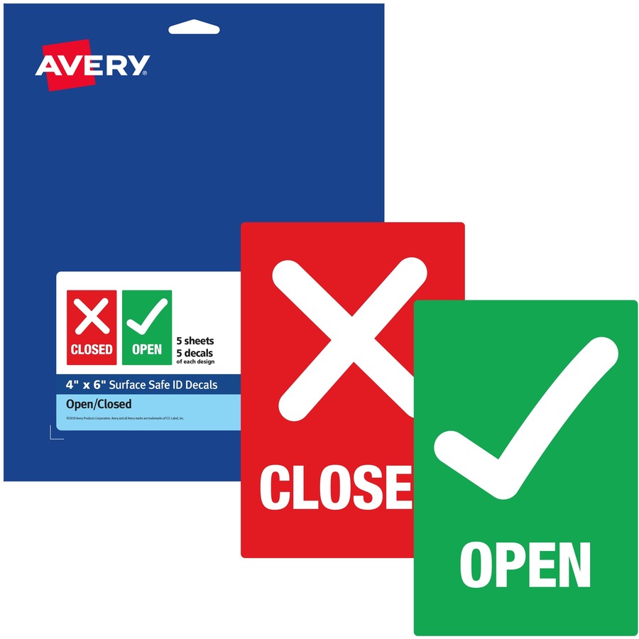 Avery® Surface Safe OPEN/CLOSED Table/Chair Decals - 10 - Open/Closed Print/Message - 4" Width x 6" Height - Rectangular Shape - White Print/Message Color - Water Resistant, Pre-printed, Chemical Resistant, Abrasion Resistant, Tear Resistant, Durable,