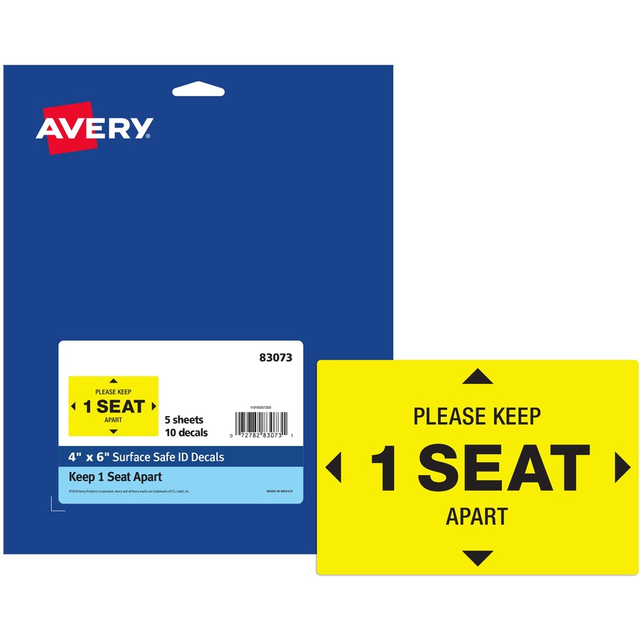 Avery® Surface Safe PLEASE KEEP 1 SEAT APART Decals - 10 / Pack - Please Keep 1 Seat Apart Print/Message - 4" Width x 6" Height - Rectangular Shape - Water Resistant, Pre-printed, Chemical Resistant, Abrasion Resistant, Tear Resistant, Durable, UV Res