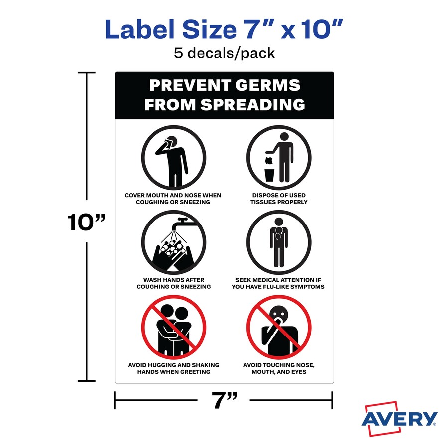 Avery® Surface Safe PREVENT GERMS Wall Decals - 5 / Pack - Prevents Germs from Spreading Print/Message - 7" Width x 10" Height - Rectangular Shape - Water Resistant, Pre-printed, Chemical Resistant, Abrasion Resistant, Tear Resistant, Durable, UV Resi