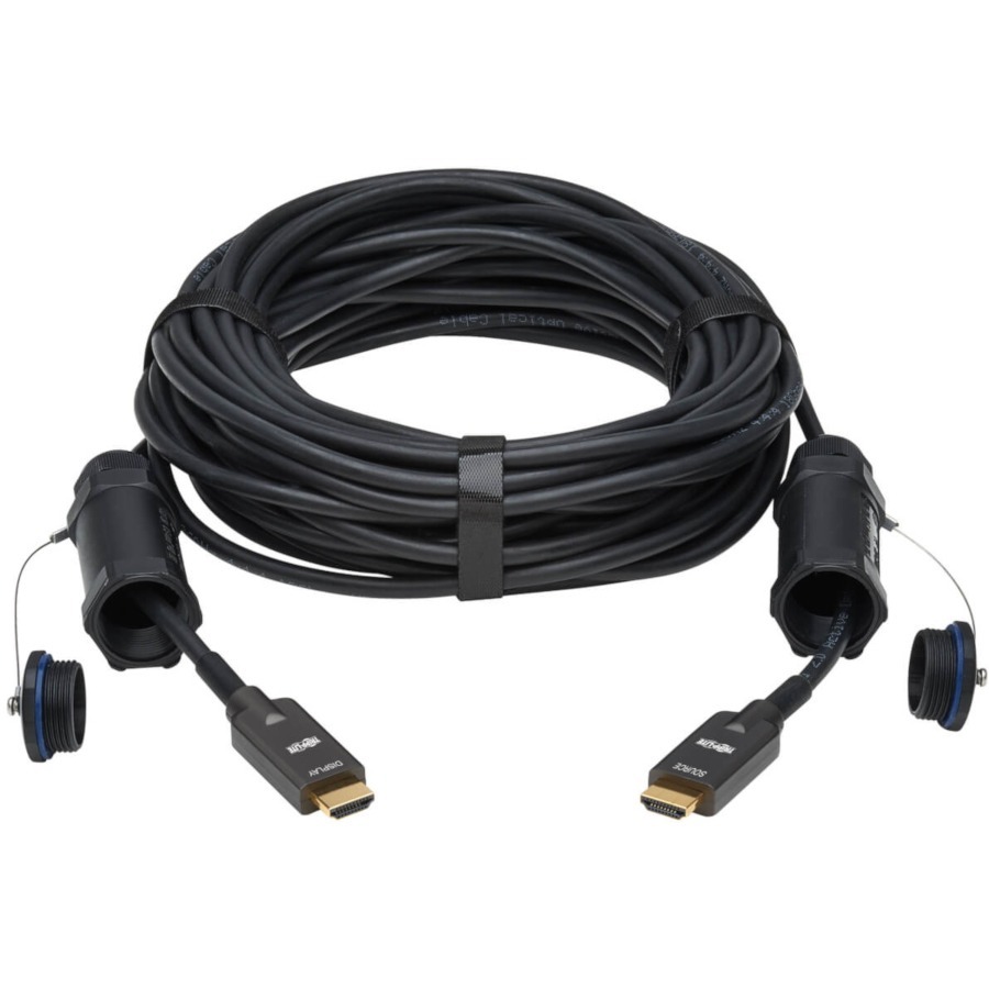 Eaton Tripp Lite Series High-Speed Armored HDMI Fiber Active Optical Cable (AOC) with Hooded Connectors and Reel - 4K @ 60 Hz, HDR, IP68, M/M, Black, 100 m (328 ft.)