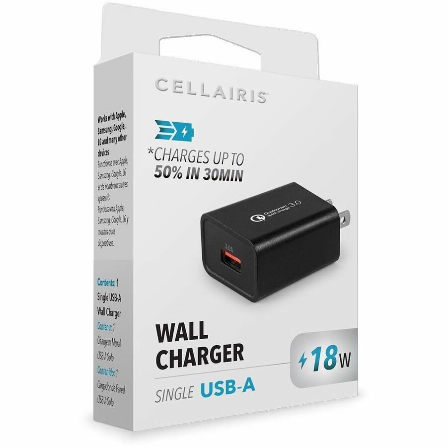 Black CELLAIRIS wall charger with dual USB-A ports and 3.0 A output — alternate view 2