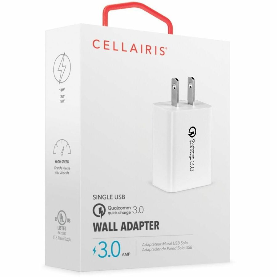 White CELLAIRIS wall charger with single USB-A port and 3.0 A output — alternate view 2