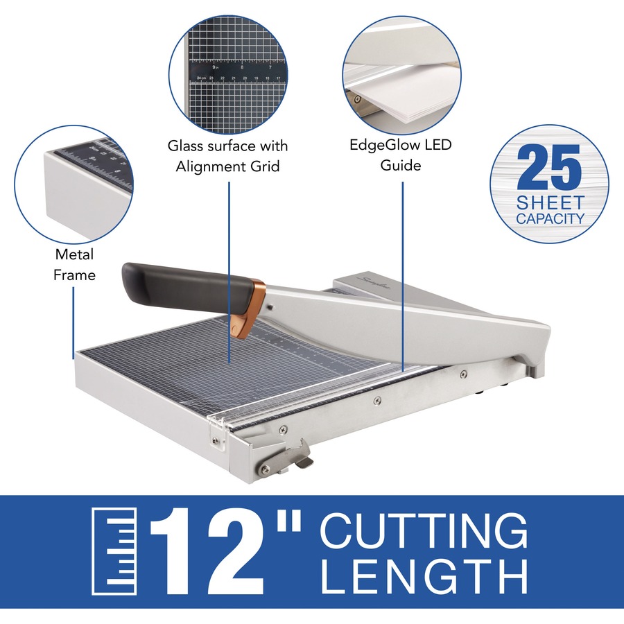 Swingline ClassicCut 1225G Guillotine Trimmer with EdgeGlow, Glass, 12" , 25 Sheets - 25 Sheet Cutting Capacity - 12" (304.80 mm) Cutting Length - Built-in LED, Durable, Safety Latch, Adjustable Alignment Guide, Sturdy - Metal, Glass = SWIG7010005
