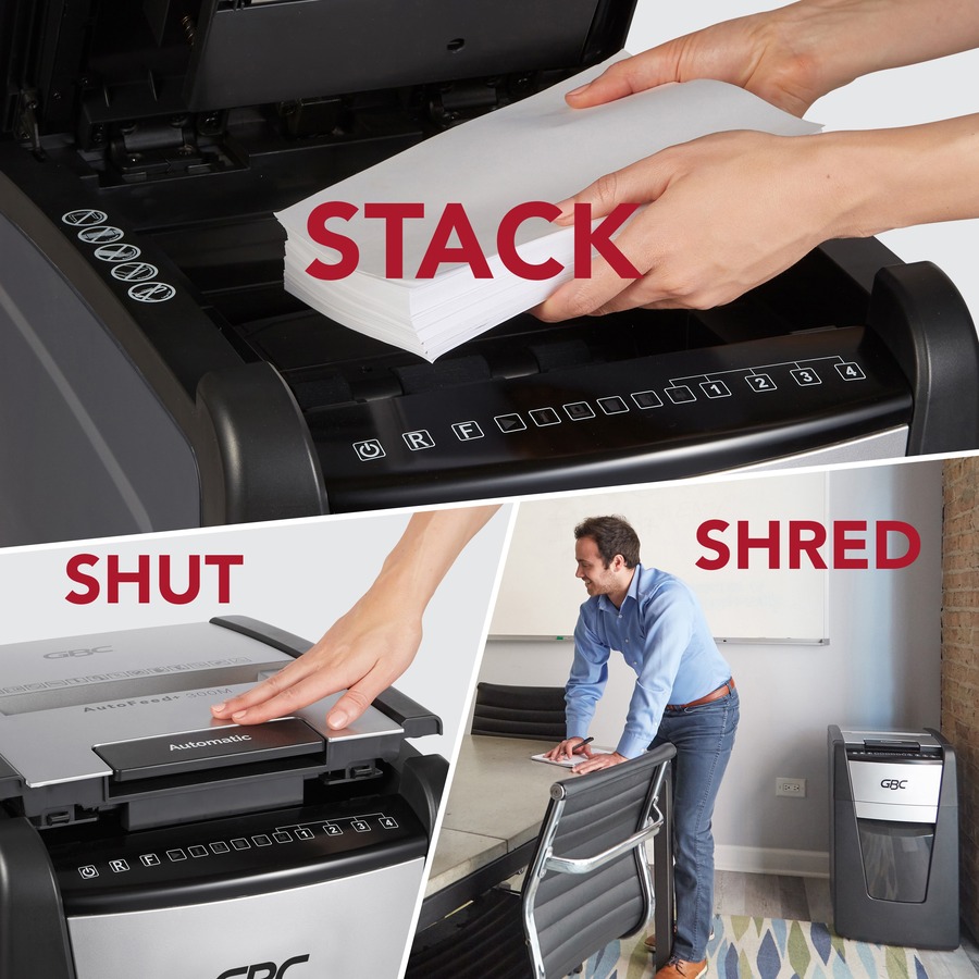 GBC AutoFeed+ Office Shredder, 300M, Micro-Cut, 300 Sheets - Continuous Shredder - Micro Cut - 8 Per Pass - for shredding Credit Card, Paper Clip, Staples, Paper - P-5 - 1 Hour Run Time - 60.57 L Wastebin Capacity - Black = GBCWSM1757609
