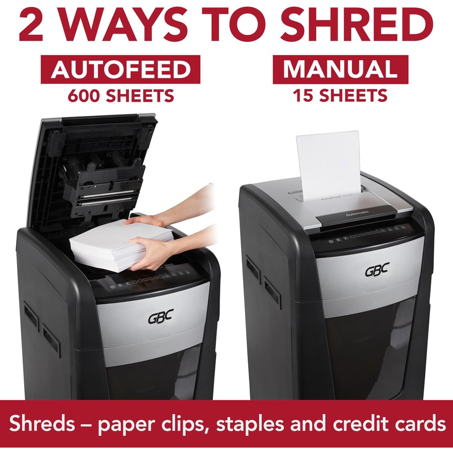 GBC AutoFeed+ Office Shredder, 600X, Super Cross-Cut, 600 Sheets - Continuous Shredder - Super Cross Cut - 15 Per Pass - for shredding Credit Card, Paper Clip, Staples, Paper - P-4 - 4 Hour Run Time - 109.78 L Wastebin Capacity - Black - Cross-Cut/Confetti-Cut Shredders - GBCWSM1757510