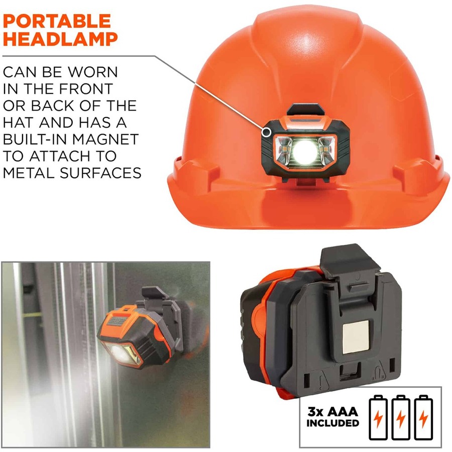 Ergodyne 8970LED Cap Style Hard Hat - Recommended for: Construction, Utility, Oil & Gas, Construction, Forestry, Mining, General Purpose - Moisture, Odor, Sun, Rain, Eye, Overhead Falling Objects, Head Protection - Orange - Comfortable, Heavy Duty, Lightw