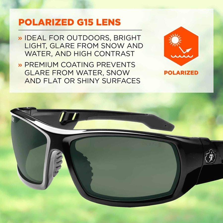 Skullerz Polarized G15 Safety Glasses - Recommended for: Sport, Shooting, Boating, Hunting, Fishing, Skiing, Construction, Landscaping, Carpentry - UVA, UVB, UVC, Debris, Dust Protection - Black Frame - Scratch Resistant, Durable, Non-slip, Sweat Resistan