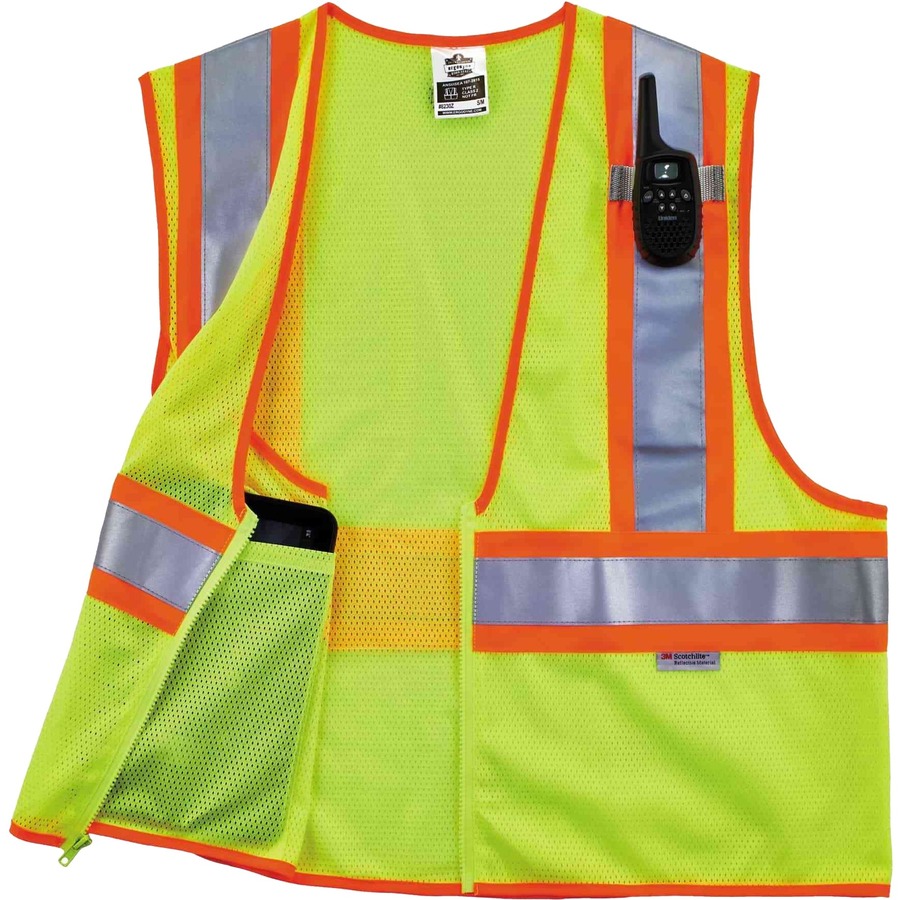 GloWear 8230Z Type R Class 2 Two-Tone Vest - Large/Extra Large Size - Zipper Closure - Mesh Fabric, Polyester Mesh - Lime - Pocket, Mic Tab, Reflective - 1 Each