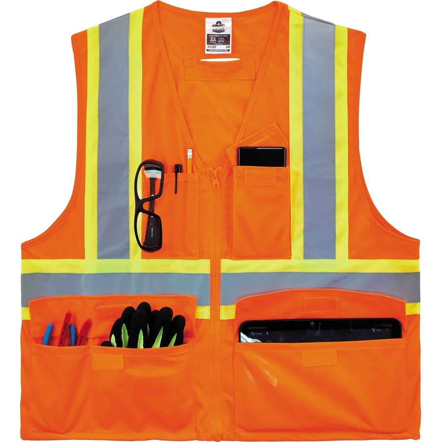 GloWear 8235ZX Type R Class 2 Two-Tone X-Back Vest - Large/Extra Large Size - Zipper Closure - Polyester - Orange - Pocket, D-ring, Reflective - 1 Each