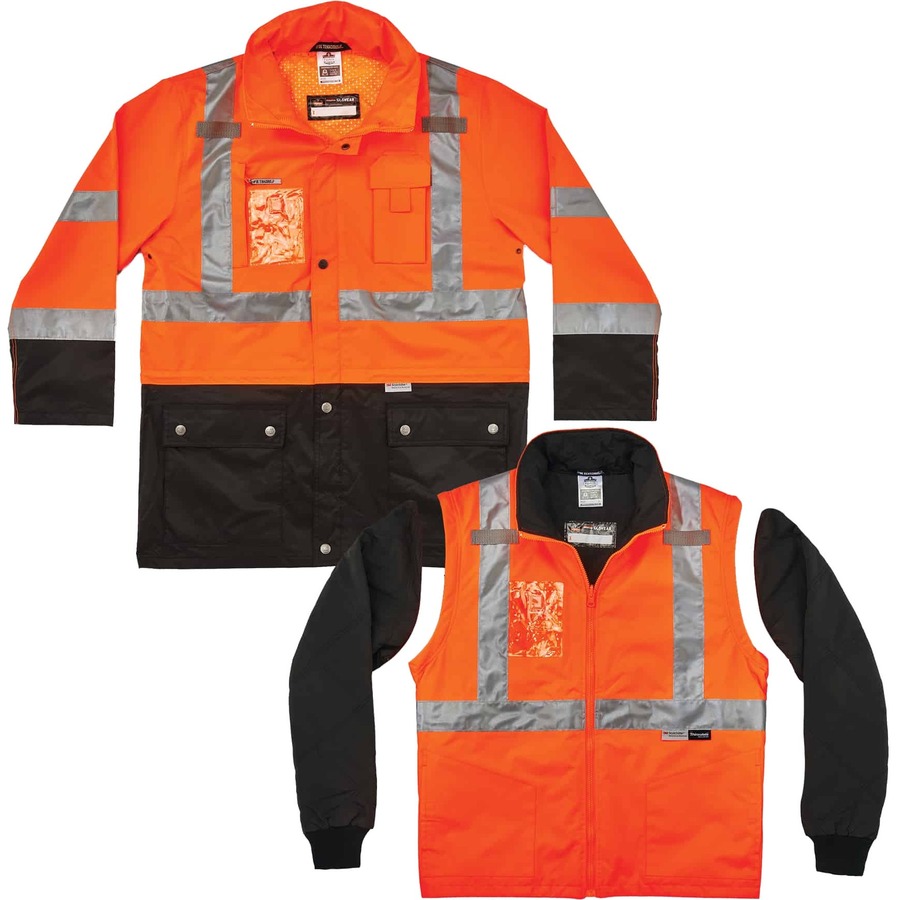 Ergodyne 8388 Type R Class 3/2 Thermal Jacket Kit - 5-Xtra Large Size - Dirt Protection - Zipper Closure - Polyurethane, 300D Oxford Polyester, Thinsulate - Orange - Breathable, Pocket, Front Pocket, Reflective, Mic Tab, Weather Proof, Inset Hood, Cell Ph